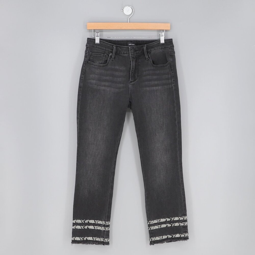 DRIFTWOOD Colette Straight Crop Jean Snake Print Dark Wash Raw Hem Size 28
